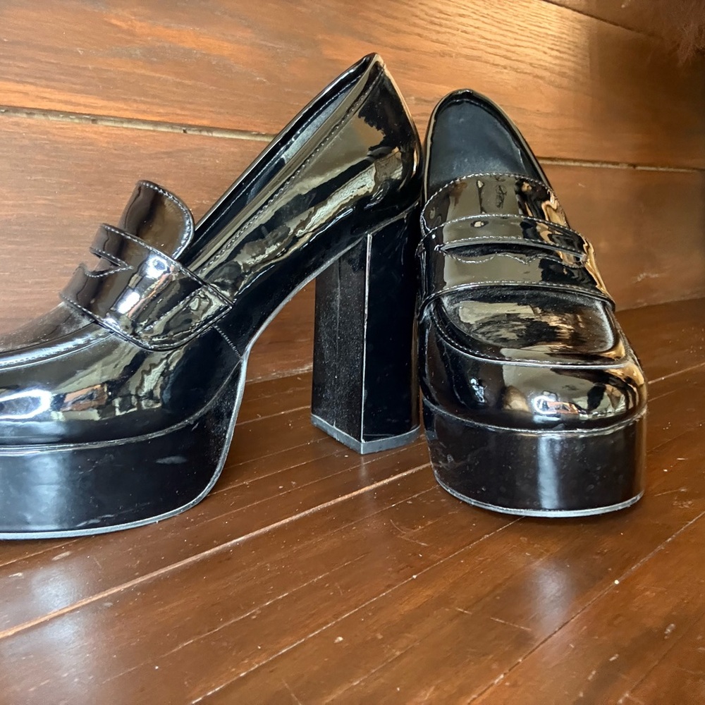 Black Patent Leather Platform Loafers - Picture 2 of 5